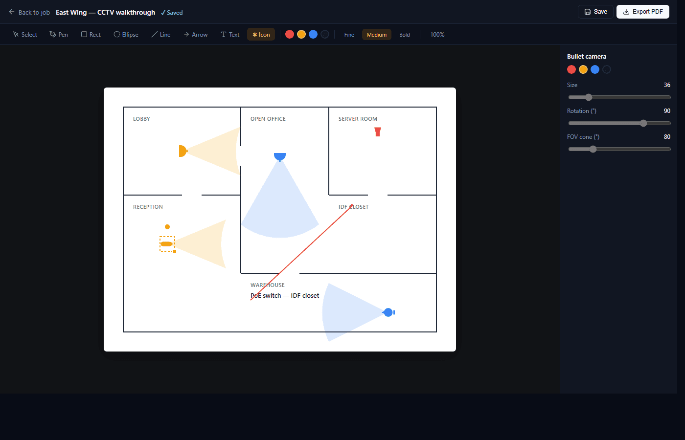 PDF markup tool — floor plan with camera icons, FOV cones, and annotations