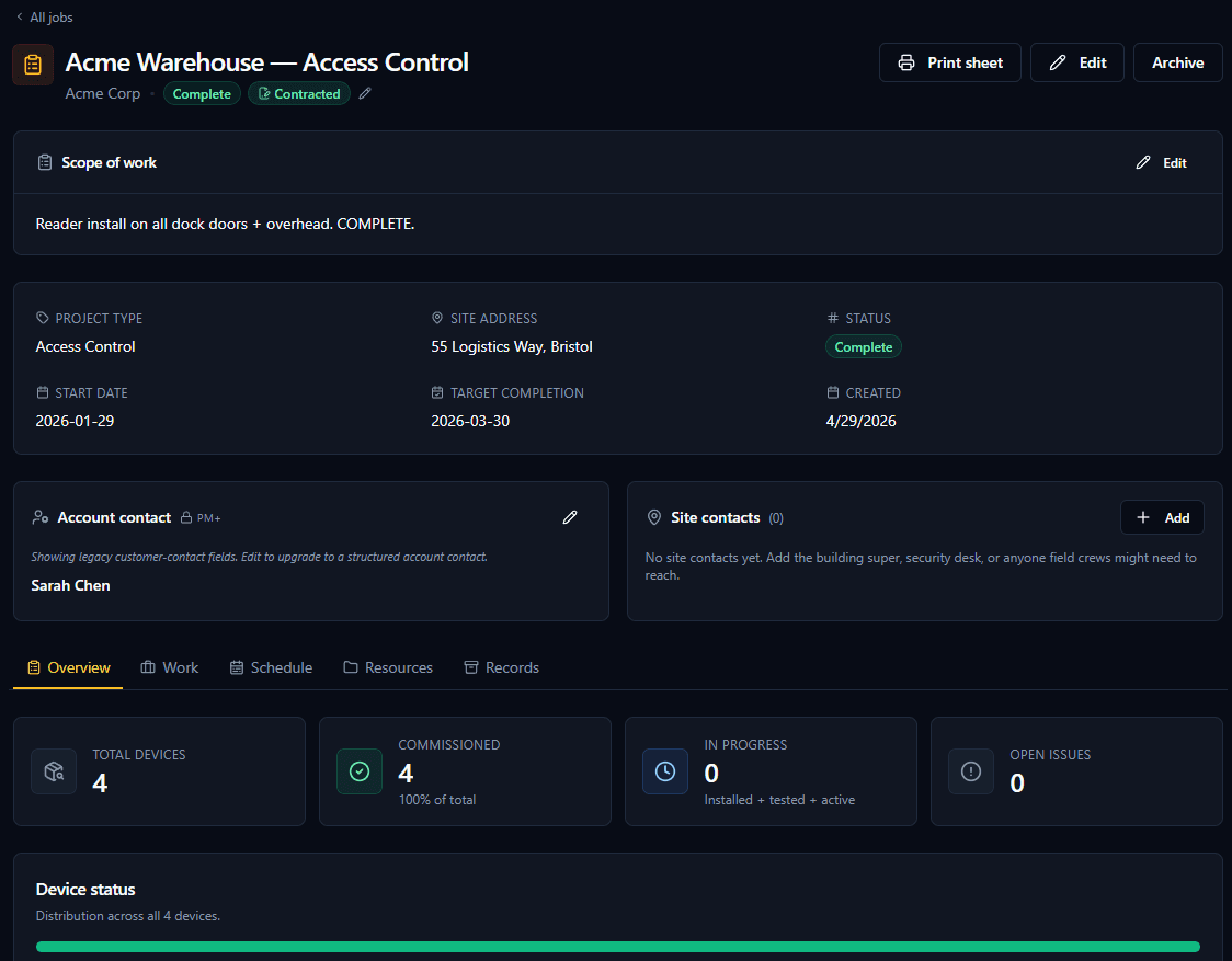 Job detail with scope of work, site info, contacts, and device rollup