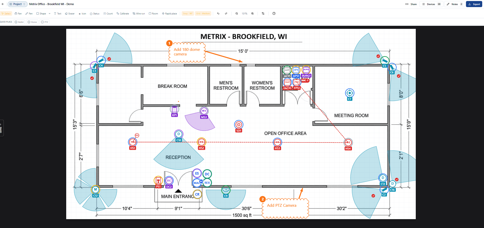 Floor-plan markup editor with camera icons, FOV cones, device labels, and dimensions